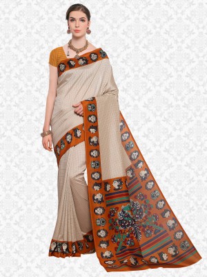 Divastri Printed, Checkered Kalamkari Art Silk Saree(Cream, Mustard)