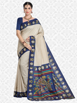 Divastri Printed Kalamkari Art Silk Saree(Blue, Cream)