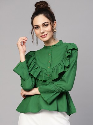 SASSAFRAS Casual Bell Sleeve Solid Women Green Top