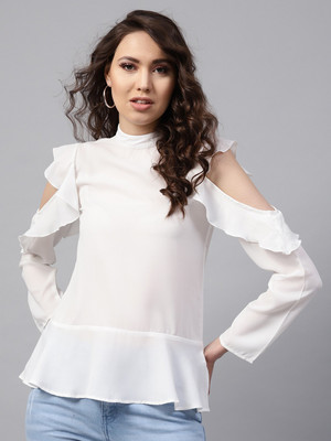 SASSAFRAS Casual Cold Shoulder Solid Women White Top