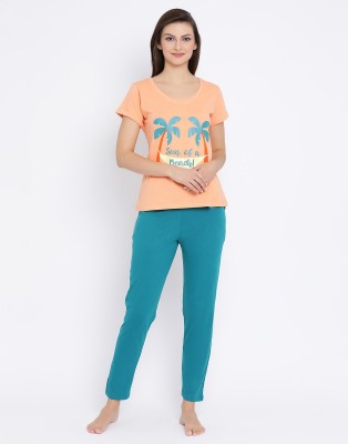 Clovia Women Graphic Print Orange, Blue Top & Pyjama Set