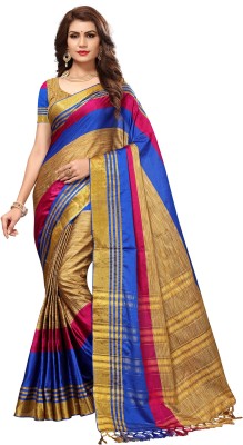 Ratnavati Striped Bollywood Art Silk Saree(Blue, Beige)