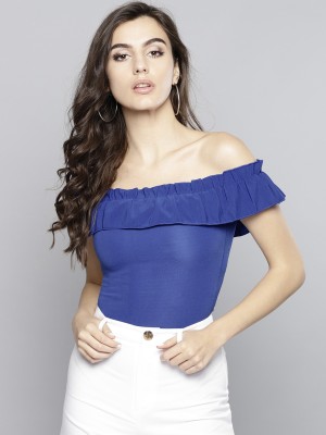 VENI VIDI VICI Party Ruffled Sleeve Solid Women Blue Top