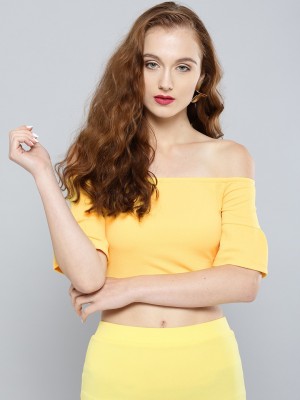 VENI VIDI VICI Casual Bell Sleeve Solid Women Yellow Top