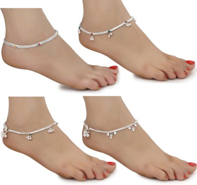 AanyaCentric Girls and Women Silver Plating White Metal Payal Indian Traditional Ethnic Fashion Imitation Jewellery Foot Chain Alloy Anklet(Pack of 4)