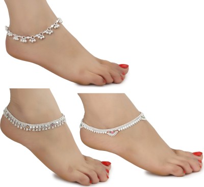 AanyaCentric White Metal Artificial Traditional Payals Antique Stylish Latest Design Alloy Anklet(Pack of 6)