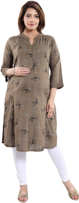 mamma's maternity Women Printed Straight Kurta(Brown)