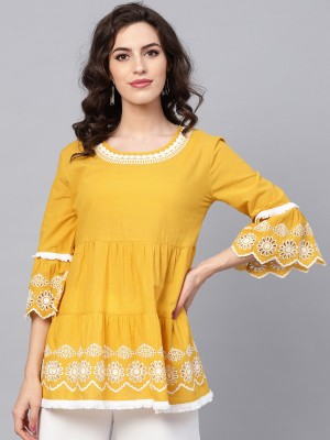 Bhama COUTURE Casual Bell Sleeve Embroidered Women Yellow Top