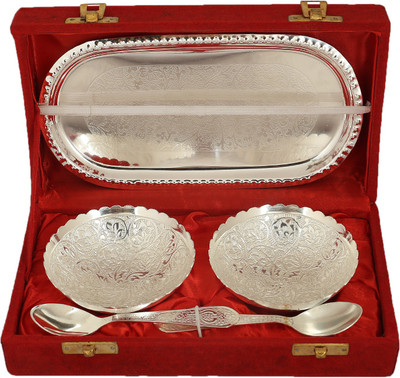 Rjkart Silver Plated Serving Bowl Handicrafts Brass Silver Plated Serving Bowl Spoon and Tray Set of 5 for Home Décor(Pack of 5, Silver)
