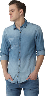 Peter England Men Printed Washed Casual Blue Shirt