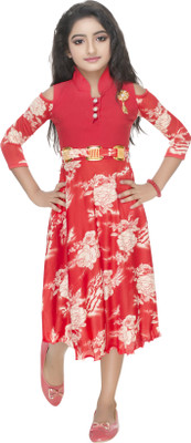 new gen Indi Girls Calf Length Casual Dress(Red, 3/4 Sleeve)