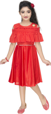 new gen Indi Girls Calf Length Party Dress(Red, Half Sleeve)