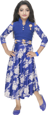 new gen Indi Girls Calf Length Casual Dress(Blue, 3/4 Sleeve)