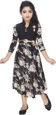 new gen Indi Girls Calf Length Casual Dress(Black, 3/4 Sleeve)