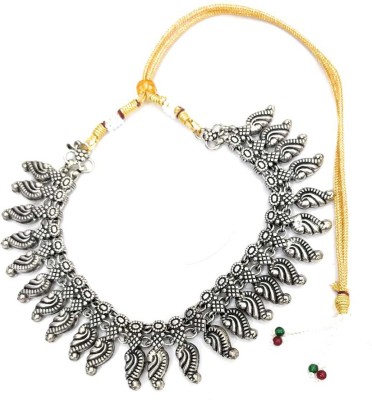 athizay Golden Thread Oxidized Silver Rangoli Pattern Tribal Golden Thread Oxidised Silver Collar Necklace Women Fashion Jewellery Black Silver, Silver Plated Metal Necklace