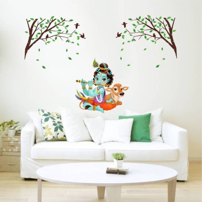 rawpockets 1 cm Wall Decals ' Lord Krishna Playing Flute under tree Combo'Wall Stickers |PVC Vinyl | Multicolour Self Adhesive Sticker(Pack of 1)