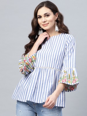 Bhama COUTURE Casual Bell Sleeve Printed, Striped Women Blue Top