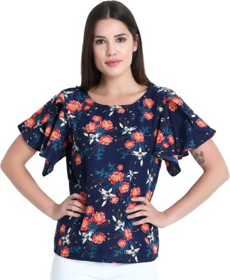Siphon Casual Flared Sleeve Printed Women Blue Top