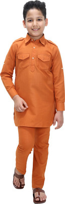 Fourfolds Boys Festive & Party Pathani Suit Set(Orange Pack of 1)