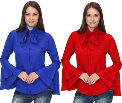 Thisbe Women Solid Formal Red, Blue Shirt(Pack of 2)