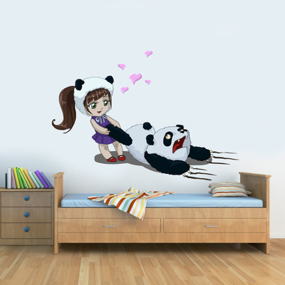 Divine studio 70 cm Girl Playing With Panda (70 cm x 101 cm) Self Adhesive Sticker(Pack of 1)