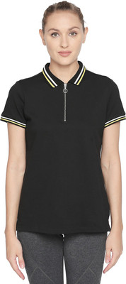 Ajile by Pantaloons Striped Women Polo Neck Black T-Shirt