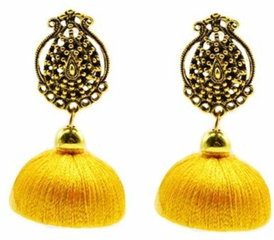 GOELX Antique Silk Thread Jhumki in Yellow Color Silk Dori Jhumki Earring