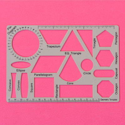Vardhman School Geometry Template Stencil of 16 Different Shapes with Ruler Attached Ruler(Set of 1, clear)
