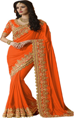 Kanha Fashion Embroidered, Embellished Bollywood Poly Georgette Saree(Orange)