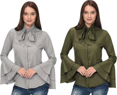 Thisbe Women Solid Formal Green, Grey Shirt(Pack of 2)
