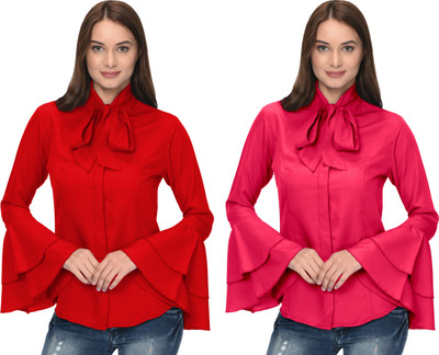 Thisbe Women Solid Formal Red, Pink Shirt(Pack of 2)