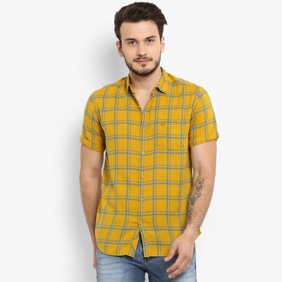 mufti-men-checkered-casual-yellow-shirt