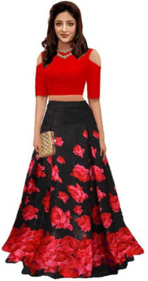 Yozzby Printed Semi Stitched Lehenga Choli(Red, Black)