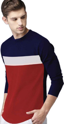 FASHNET Colorblock Men Round Neck Dark Blue, Red, White T-Shirt