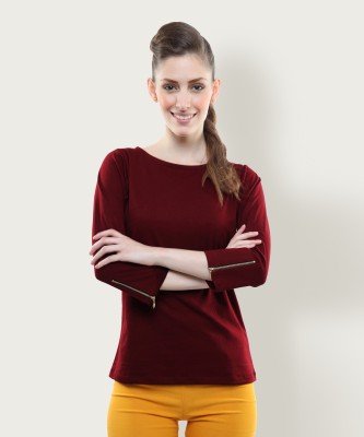 Miss Chase Casual 3/4 Sleeve Solid Women Maroon Top