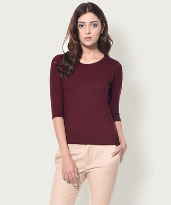 Miss Chase Casual 3/4 Sleeve Solid Women Maroon Top