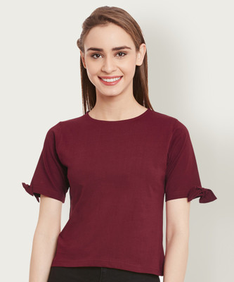 Miss Chase Party Short Sleeve Solid Women Maroon Top