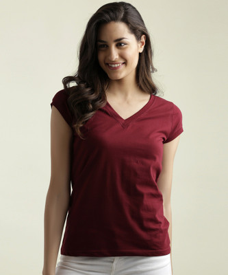 Miss Chase Casual Cap Sleeve Solid Women Maroon Top