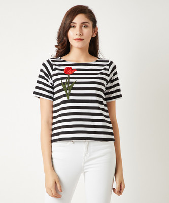 Miss Chase Casual Short Sleeve Striped Women White, Black Top