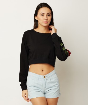 Miss Chase Casual Full Sleeve Embroidered, Solid Women Black Top