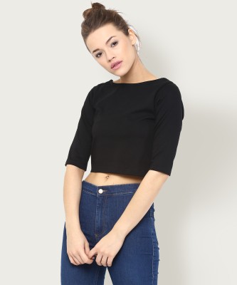 Miss Chase Casual Half Sleeve Solid Women Black Top