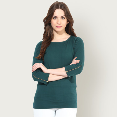 Miss Chase Casual 3/4 Sleeve Solid Women Green Top