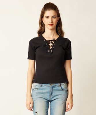 Miss Chase Casual Half Sleeve Solid Women Black Top