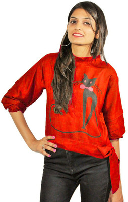 De Calma Casual Regular Sleeve Printed Women Red Top
