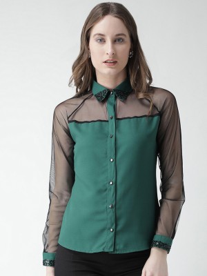 KASSUALLY Women Embroidered Casual Green Shirt