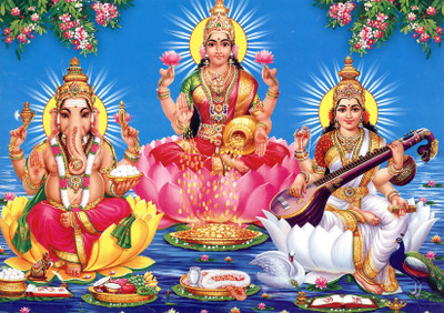 AH Decals 3 cm with Goddess Laxmi Saraswati Non-Reusable Sticker(Pack of 1)