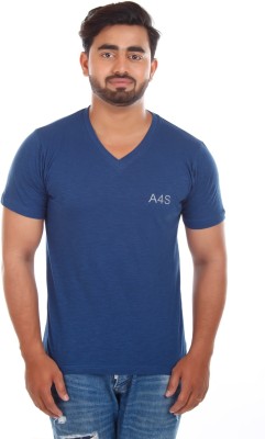 A4S Printed Men V Neck Blue T-Shirt