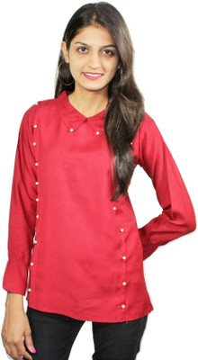 De Calma Casual Bell Sleeve Embellished Women Red Top