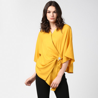 STYLESTONE Party Kimono Sleeve Solid Women Yellow Top