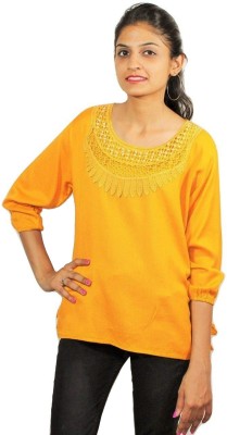 De Calma Casual 3/4 Sleeve Solid Women Yellow Top